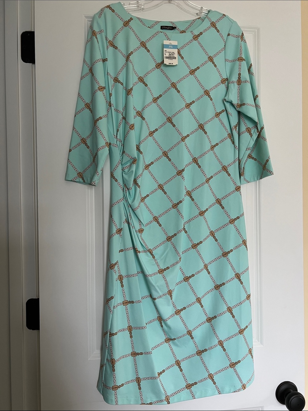 J McLaughlin Catalina Cloth Mint Chain-Print Sheath Dress, 3/4 Sleeves